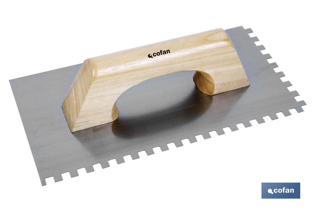 Paleta modelo llana dentada | Longitud: 275 x 115 mm | Dentado: 8 x 8 mm | Para la construcción | Mango de madera