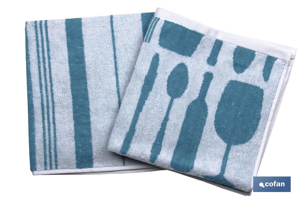 Pack de 2 paños de cocina | Medidas: 50 x 50 cm | Color azul con estampado | Modelo Malbec