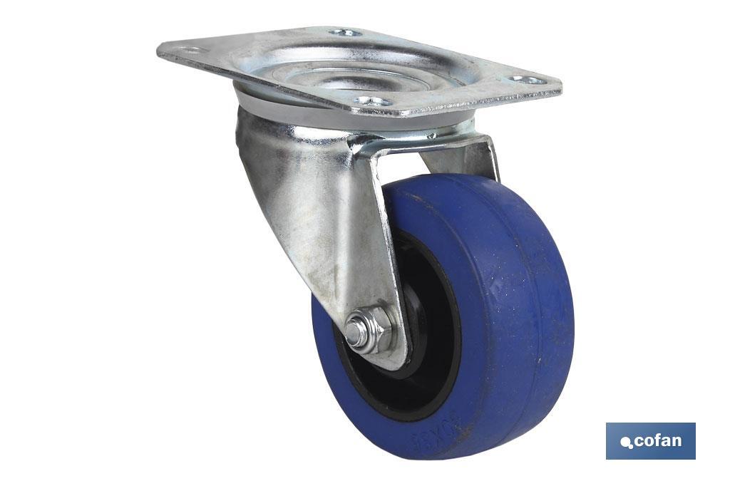 Rueda de goma azul y placa giratoria | Con cojinete de rodillo | Para pesos de hasta 150 kg y diámetros de 80, 100 y 125 mm